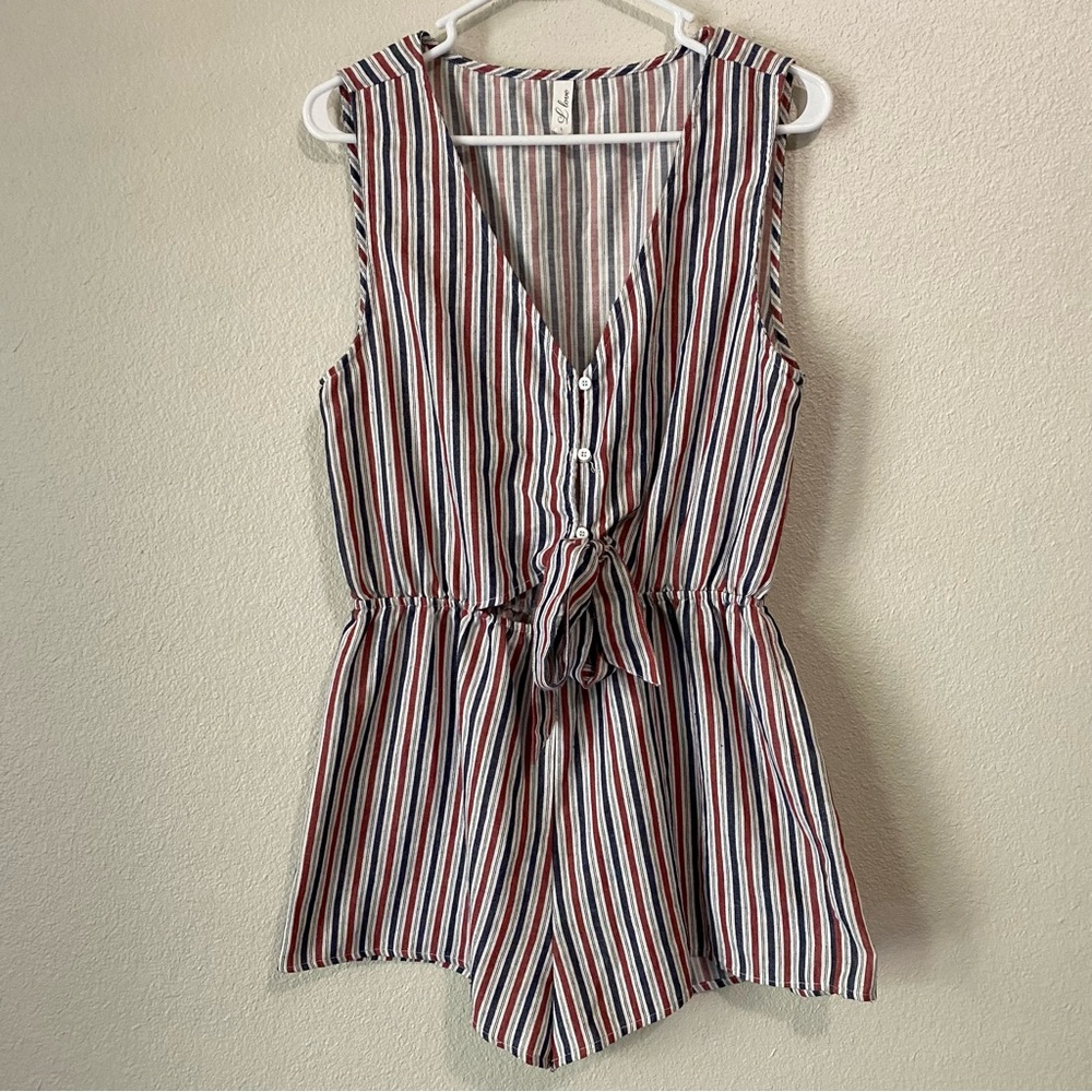 L Love Striped Sleeveless Romper Large Red White Blue Button Front Americana USA